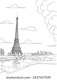 París Francia Torre Eiffel línea de dibujo para niños y adultos para colorear libro