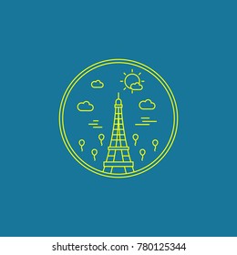Paris France Eiffel Tower monoline line art city landmark badge emblem in happy sunny day theme