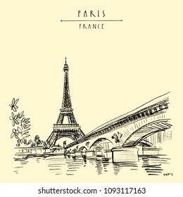 Paris, France, Europe. Eiffel Tower, bridge and water. Hand drawing in retro style. Travel sketch. Vintage hand drawn touristic postcard, poster or book illustration in vector