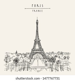  Paris, France, Europe. Eiffel Tower. Artistic hand drawing in retro style. European travel sketch. Vintage hand drawn touristic postcard, poster or book illustration in vector