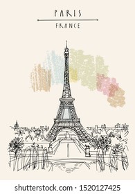 Paris, France, Europe. Eiffel Tower. French famous landmark. Hand drawing. European travel sketch. Vertical vintage hand drawn touristic postcard, poster, fashion illustration. Isolated EPS10 vector 
