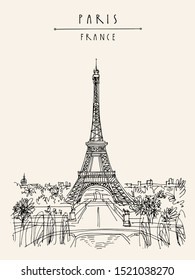 Paris, France, Europe. Eiffel Tower. French Famous Landmark. Hand Drawing. European Travel Sketch. Vertical Vintage Hand Drawn Touristic Postcard, Poster, Brochure Illustration. Isolated EPS10 Vector 