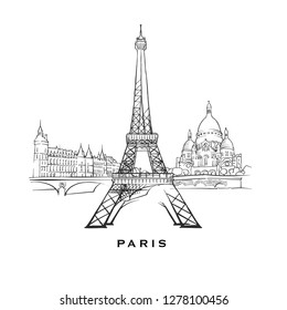 Paris France famous architecture. Outlined vector sketch separated on white background. Architecture drawings of all European capitals.