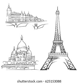 Paris France Famous Buildings, Monochrome Outlined Travel Landmarks, Scalable Vector Illustration