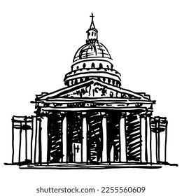 The Panthéon in Paris, France. Famous French historical monument. Neoclassicism architecture. Hand drawn linear doodle rough sketch. Black silhouette on white background.