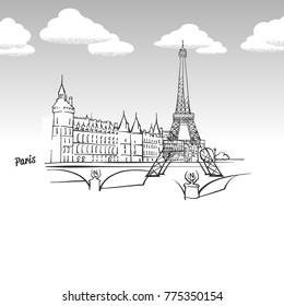 Paris, France famous landmark sketch. Lineart drawing by hand. Greeting card icon with title, vector illustration