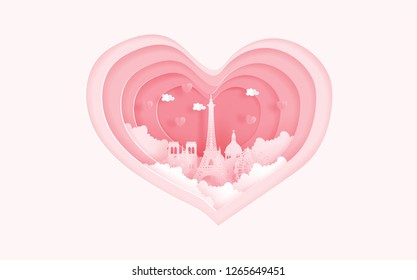 Paris, France famous landmarks in love concept with heart shape. Valentine's card and travel advertising for couple. Paper cut style vector illustration.