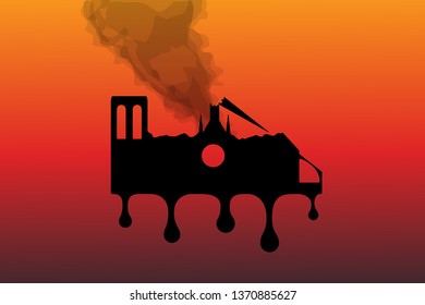 Paris, France. Fire in the cathedral of Notre Dame. Flat vector illustration.