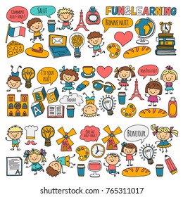 Paris, France. French class. French language. Boys and girls. Small students. School, kindergarten, nursery, college. Play, study, grow