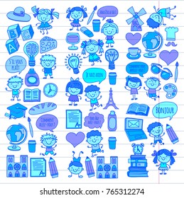 Paris, France. French class. French language. Boys and girls. Small students. School, kindergarten, nursery, college. Play, study, grow