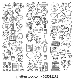 Paris, France. French class. French language. Boys and girls. Small students. School, kindergarten, nursery, college. Play, study, grow