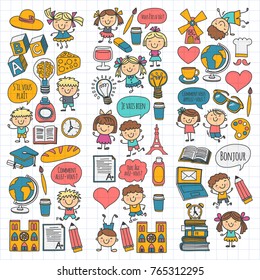 Paris, France. French class. French language. Boys and girls. Small students. School, kindergarten, nursery, college. Play, study, grow