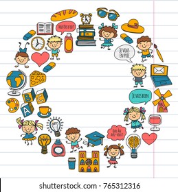 Paris, France. French class. French language. Boys and girls. Small students. School, kindergarten, nursery, college. Play, study, grow