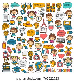 Paris, France. French class. French language. Boys and girls. Small students. School, kindergarten, nursery, college. Play, study, grow