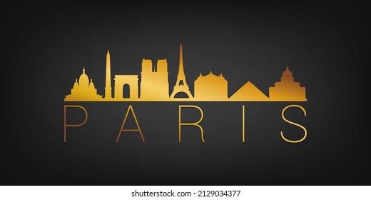 Paris, France Gold Skyline City Silhouette Vector. Golden Design Luxury Style Icon Symbols. Travel and Tourism Famous Buildings.