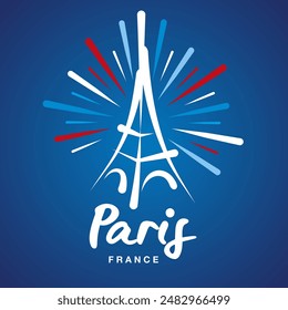 Paris France handwritten typography text with Eiffel draw and blue white red sparkle firework label icon