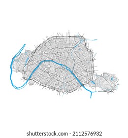 Paris, Paris, France high resolution vector map with city boundaries and editable paths. White outlines for main roads. Many detailed paths. Blue shapes and lines for water.