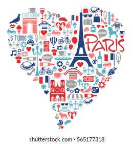 Paris France icons, landmarks, attractions within a heart shape