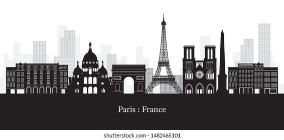 Paris, France Landmarks Skyline, Black and White Colour, Famous Place, Travel and Tourist Attraction