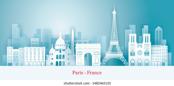 Paris, France Landmarks Skyline, Paper Cutting Style, Famous Place, Travel and Tourist Attraction