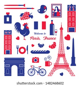 Paris, France Landmarks and Travel Objects, Blue and Red Flag Colour, Famous Place and Tourist Attraction