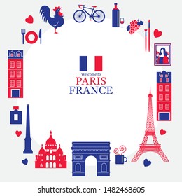 Paris, France Landmarks and Travel Objects Frame, Blue and Red Flag Colour, Famous Place and Tourist Attraction