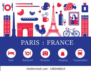 Paris, France Landmarks and Travel Objects with Accommodation Icons, Blue and Red Flag Colour, Famous Place and Tourist Attraction