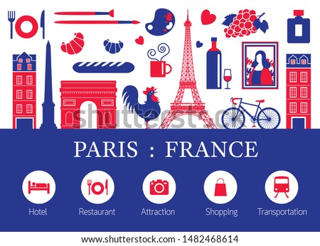 Paris, France Landmarks and Travel Objects with Accommodation Icons, Blue and Red Flag Colour, Famous Place and Tourist Attraction