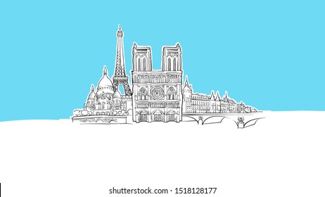 Paris, France Lineart Vector Sketch. and Drawn Illustration on blue background.