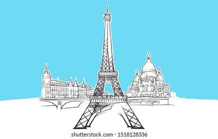 Paris France Lineart Vector Sketch. and Drawn Illustration on blue background.