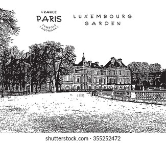 Paris - France. Luxembourg Garden with Palais. Vector illustration