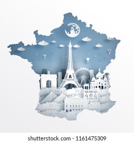 Paris, France with map concept and France famous landmarks in paper cut style vector illustration. Travel poster, postcard and advertising design.