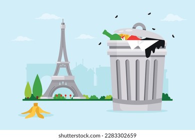 Paris, France, March 2023. Trash in the streets of Paris during strike. Garbage can with trash and Eifel tower in the background. Flat design vector illustration.