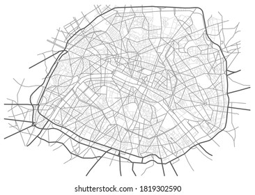 Paris France monochrome line city map. Plan of streets, urban background. Vector scheme with separated layers.