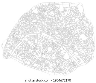 Paris France monochrome line city map. Plan of streets, urban background. Scheme of road. Vector  