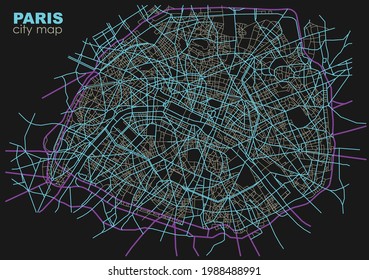 Paris France monochrome line city map. Plan of streets, urban background. Vector scheme with separated layers.