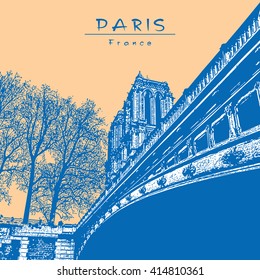 Paris - France. Notre Dame cathedral. Vector illustration in engraving style. Beige and blue colors.
EPS 10. Easy editable image. Result of Auto-Trace.