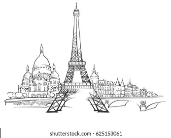 Paris France Panorama Sketch, Monochrome Urban Cityscape Vector Artprint