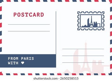 De Paris, França modelo de cartão postal. Ilustração de cartão-postal vetorial com carimbo, ponto de referência, mensagem. Layout de imagem simples de saudações simples