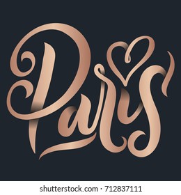 Paris France poster or greetimg card with lettering. Modern rose gold calligraphy. Travel card or souvenir template. Vector illustration