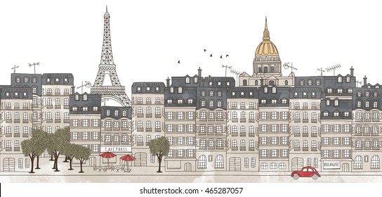 Paris, France - seamless banner of the city's skyline, hand drawn and digitally colored ink illustration