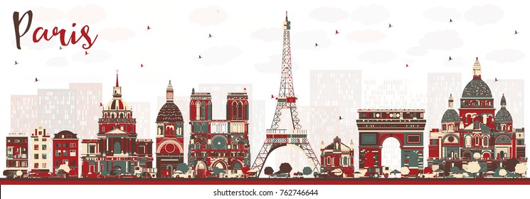 Paris France Skyline with Color Landmarks. Vector Illustration. Business Travel and Tourism Concept with Historic Buildings. Paris Cityscape.