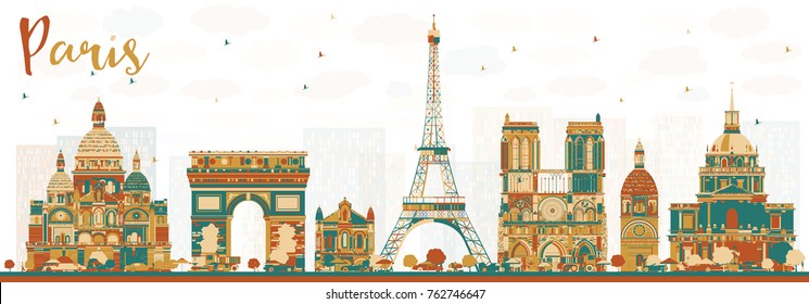 Paris France Skyline with Color Landmarks. Vector Illustration. Business Travel and Tourism Concept with Historic Buildings. Paris Cityscape.