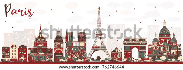 カラーランドマークとパリフランススカイライン ベクターイラスト 歴史的な建物を持つビジネス旅行と観光のコンセプト パリの街並み のベクター画像素材 ロイヤリティフリー