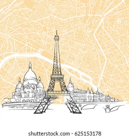 Paris France Skyline Map, One Color Scalable Vector Art Print with Urban Cityscape Illustration