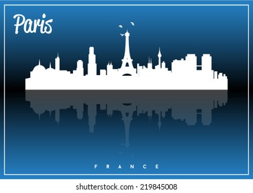 Paris, France skyline silhouette vector design on parliament blue background.