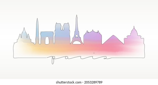 Paris, France Skyline Watercolor City Illustration. Famous Buildings Silhouette Hand Drawn Doodle Art. Vector Landmark Sketch Drawing.