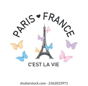 Slogan de París Francia con la Torre Eiffel, diseño vectorial