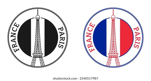 Paris, França carimbo ou selo com sinal da Torre Eiffel, ícone e bandeira francesa. Ilustração vetorial.