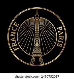 Estampilla o sello de París, Francia. Insignia o etiqueta dorada con el signo de la Torre Eiffel. Ilustración vectorial.